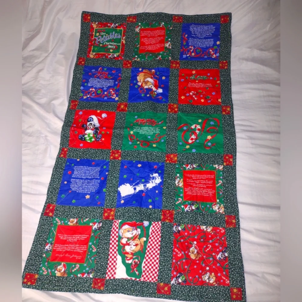 Festive Holiday Lap Quilt with Red, Green, and Blue Patterns